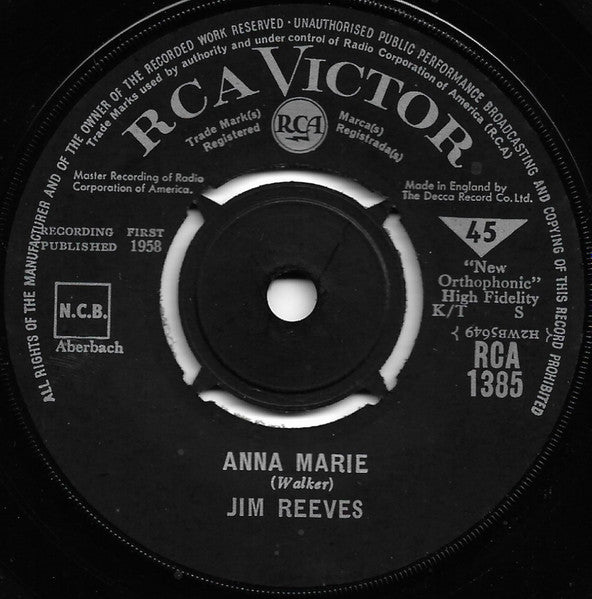 Jim Reeves - I Love You Because Vinyl Singles Vinyl Very Good (VG) <br> Hoes Good Plus (G+)