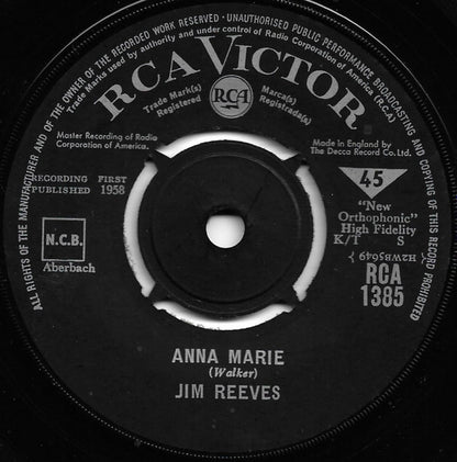 Jim Reeves - I Love You Because Vinyl Singles Vinyl Very Good (VG) <br> Hoes Good Plus (G+)