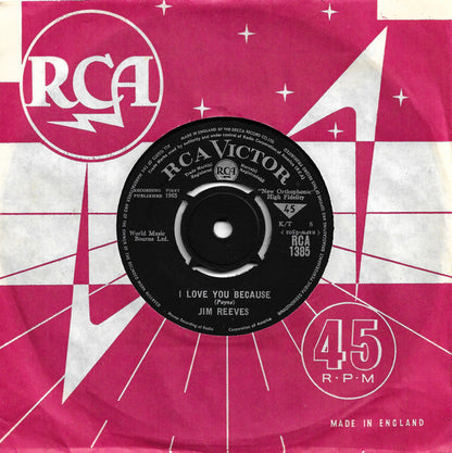 Jim Reeves - I Love You Because Vinyl Singles Vinyl Very Good (VG) <br> Hoes Good Plus (G+)