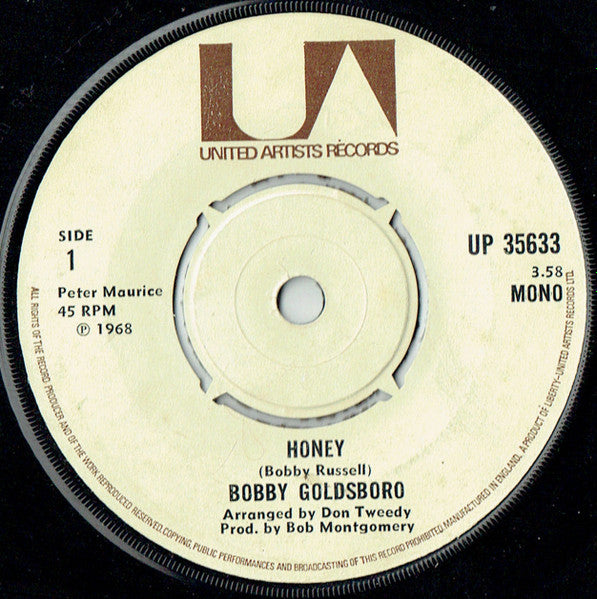 Bobby Goldsboro - Honey Vinyl Singles Vinyl Very Good (VG) <br> Hoes Generic