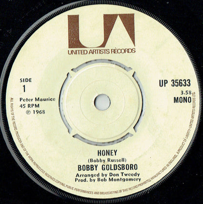 Bobby Goldsboro - Honey Vinyl Singles Vinyl Very Good (VG) <br> Hoes Generic