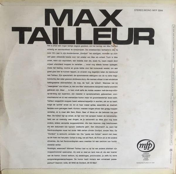 Max Tailleur - 12½ Jaar Doofpot (LP) Vinyl LP Vinyl Very Good (VG) <br> Hoes Good Plus (G+)