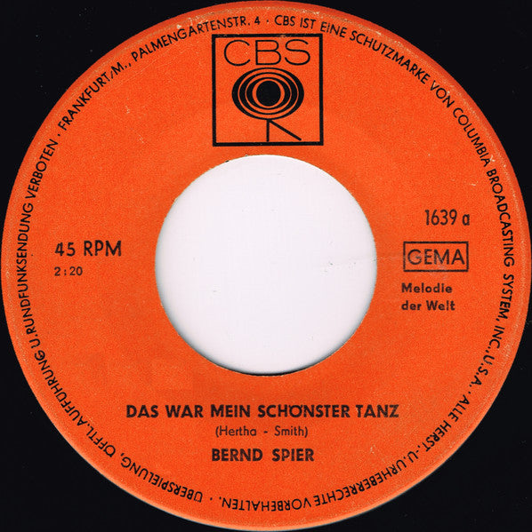 Bernd Spier - Das War Mein Schönster Tanz Vinyl Singles Vinyl Very Good (VG) <br> Hoes Generic