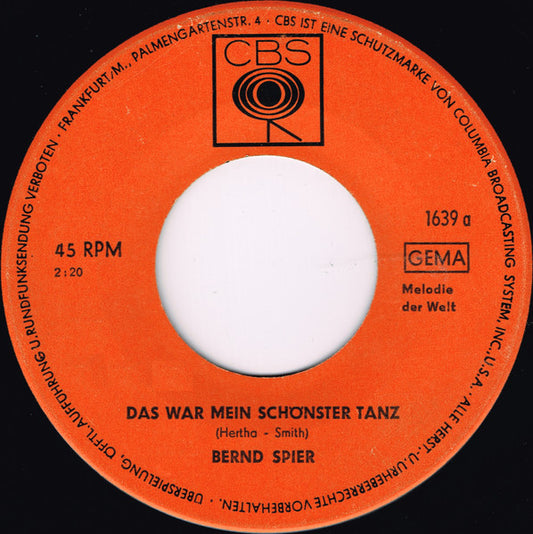 Bernd Spier - Das War Mein Schönster Tanz Vinyl Singles Vinyl Very Good (VG) <br> Hoes Generic