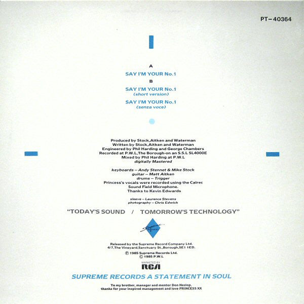 Princess - Say I'm Your No. 1 (Maxi-Singel) Maxi-Singles Vinyl Very Good (VG) <br> Hoes Good Plus (G+)