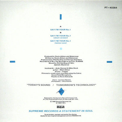 Princess - Say I'm Your No. 1 (Maxi-Singel) Maxi-Singles Vinyl Very Good (VG) <br> Hoes Good Plus (G+)