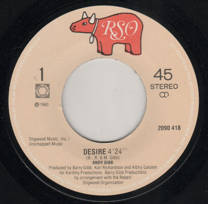 Andy Gibb - Desire Vinyl Singles Vinyl Very Good (VG) <br> Hoes Good Plus (G+)