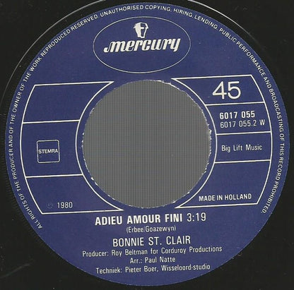 Bonnie St. Claire - Pierrot Vinyl Singles Vinyl Very Good (VG) <br> Hoes Good Plus (G+)