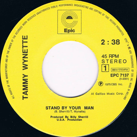 Tammy Wynette - Stand By Your Man Vinyl Singles Vinyl (VG) <br> Hoes Generic