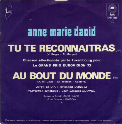 Anne-Marie David - Tu Te Reconnaitras Vinyl Singles Vinyl Very Good (VG) <br> Hoes Good Plus (G+)
