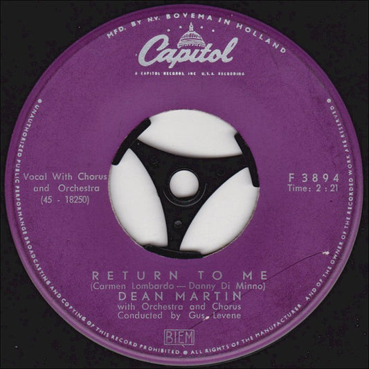 Dean Martin - Return To Me Vinyl Singles Vinyl (VG) <br> Hoes Generic