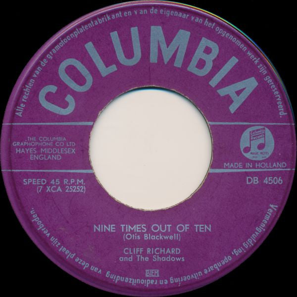 Cliff Richard & The Shadows - Nine Times Out Of Ten Vinyl Singles Vinyl Very Good (VG) <br> Hoes Generic