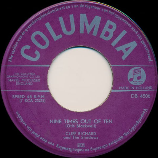 Cliff Richard & The Shadows - Nine Times Out Of Ten Vinyl Singles Vinyl Very Good (VG) <br> Hoes Generic