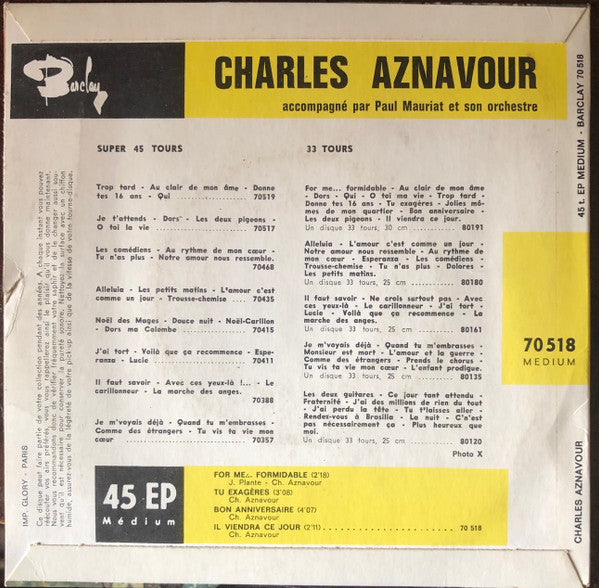 Charles Aznavour - For Me... Formidable Vinyl Singles EP Vinyl Zeer Goed / Hoesje Goed "VINYLSINGLES.NL"