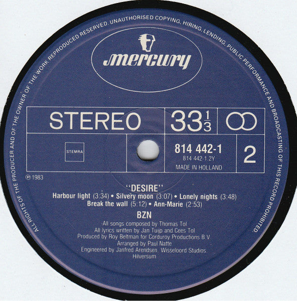 BZN - Desire (LP) Vinyl LP Vinyl Very Good (VG) <br> Hoes Good Plus (G+)