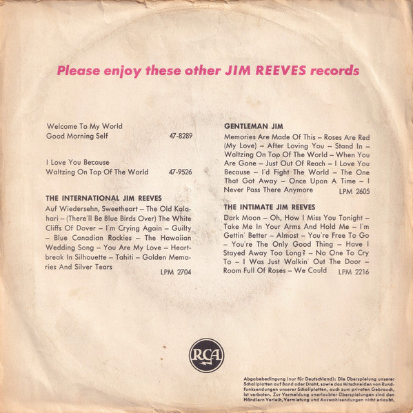 Jim Reeves - I Won't Forget You Vinyl Singles Vinyl Very Good (VG) <br> Hoes Good Plus (G+)