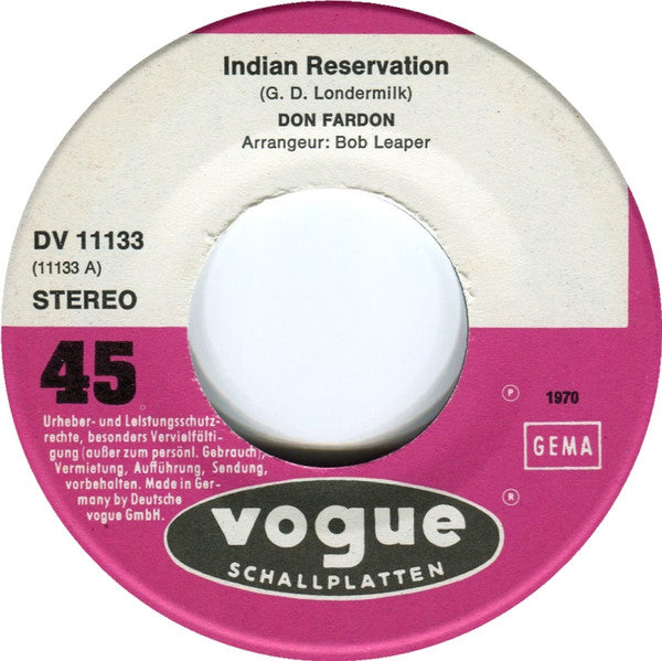 Don Fardon - Indian Reservation Vinyl Singles Vinyl Very Good (VG) <br> Hoes Generic