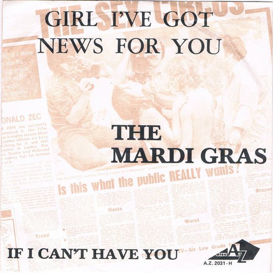 Mardi Gras - Girl I've Got News For You Vinyl Singles Vinyl Very Good (VG) <br> Hoes Good Plus (G+)