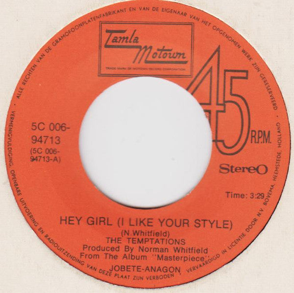 Temptations - Hey Girl (I Like Your Style) Vinyl Singles Vinyl Very Good (VG) <br> Hoes Generic