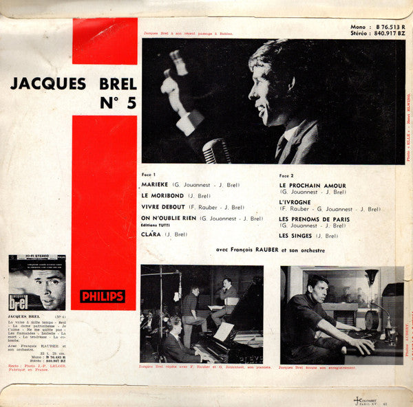 Jacques Brel - N° 5 (10") Vinyl LP 10" Vinyl Zeer Goed / Hoesje Goed "VINYLSINGLES.NL"