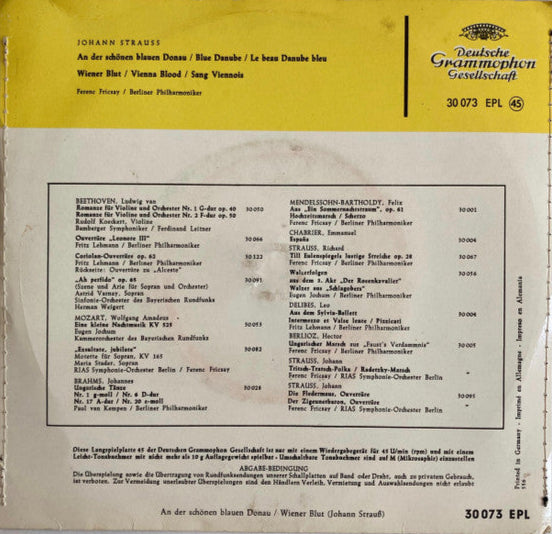 Johann Strauss Jr. - An Der Schönen Blauen Donau Vinyl Singles Vinyl Very Good (VG) <br> Hoes Good Plus (G+)