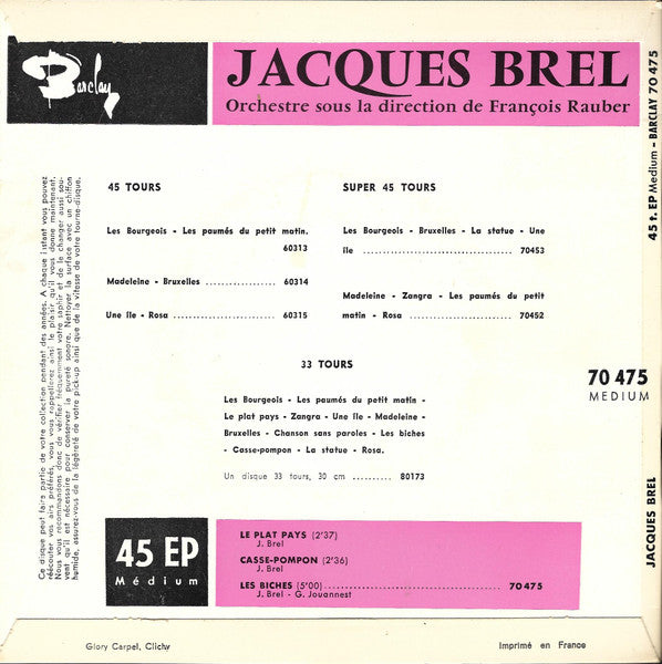 Jacques Brel - Le Plat Pays Vinyl Singles EP Vinyl Very Good (VG) <br> Hoes Good Plus (G+)