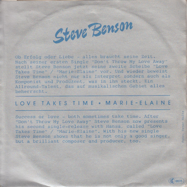 Steve Benson - Love Takes Time Vinyl Singles Vinyl Zeer Goed / Hoesje Goed "VINYLSINGLES.NL"