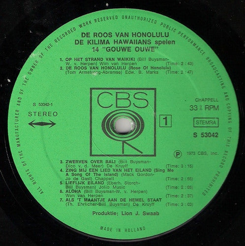 Kilima Hawaiians - De Roos Van Honolulu (LP) Vinyl LP Vinyl Zeer Goed / Hoesje Goed "VINYLSINGLES.NL"