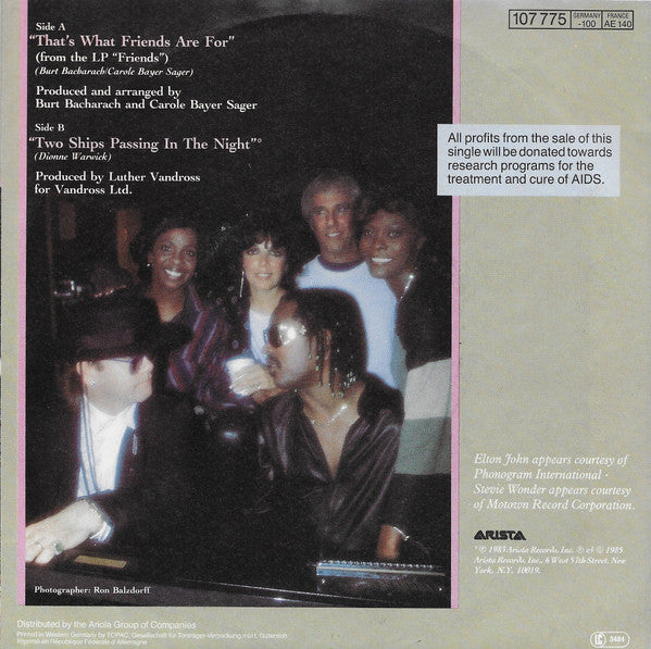 Dionne & Friends featuring Elton John - That's What Friends Are For Vinyl Singles Vinyl Very Good (VG) <br> Hoes Good Plus (G+)