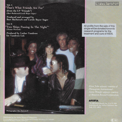 Dionne & Friends featuring Elton John - That's What Friends Are For Vinyl Singles Vinyl Very Good (VG) <br> Hoes Good Plus (G+)