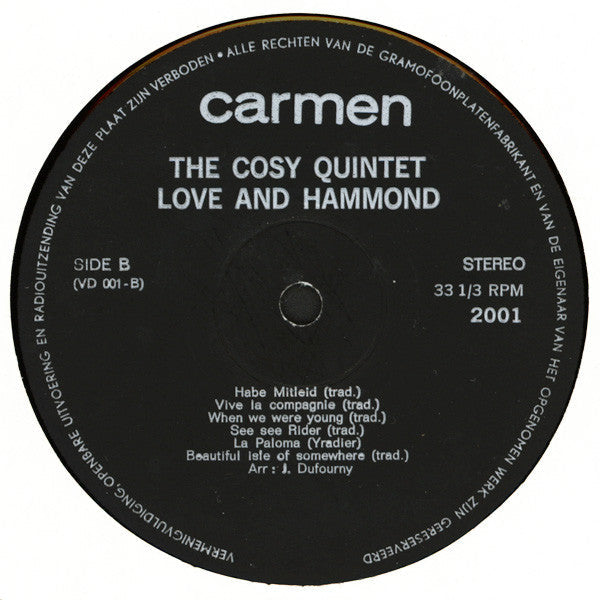 Cosy Quintet - Love And Hammond (LP) Vinyl LP Vinyl Very Good (VG) <br> Hoes Good Plus (G+)