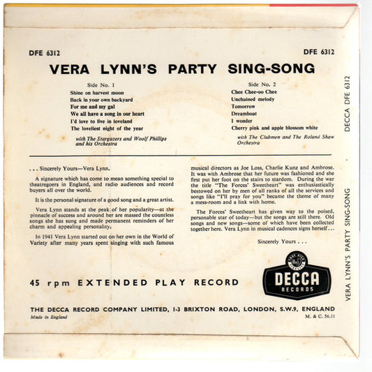 Vera Lynn - Vera Lynn's Party Sing-Song Vinyl Singles Vinyl Zeer Goed / Hoesje Goed "VINYLSINGLES.NL"