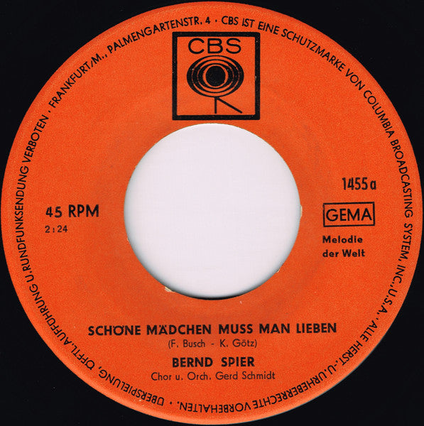 Bernd Spier - Schöne Mädchen Muß Man Lieben Vinyl Singles Vinyl Very Good (VG) <br> Hoes Generic