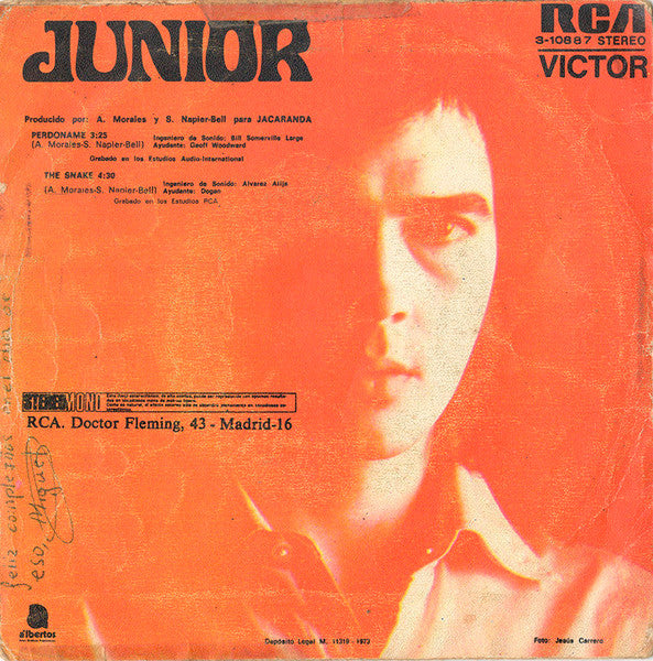 Junior - Perdóname Vinyl Singles Vinyl Very Good (VG) <br> Hoes Good Plus (G+)