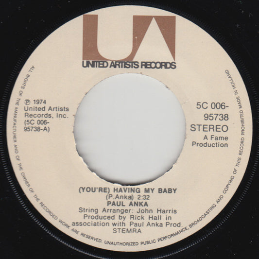 Paul Anka - (You're) Having My Baby Vinyl Singles Vinyl (VG) <br> Hoes Generic