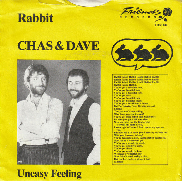 Chas And Dave - Rabbit Vinyl Singles Vinyl Very Good (VG) <br> Hoes Good Plus (G+)