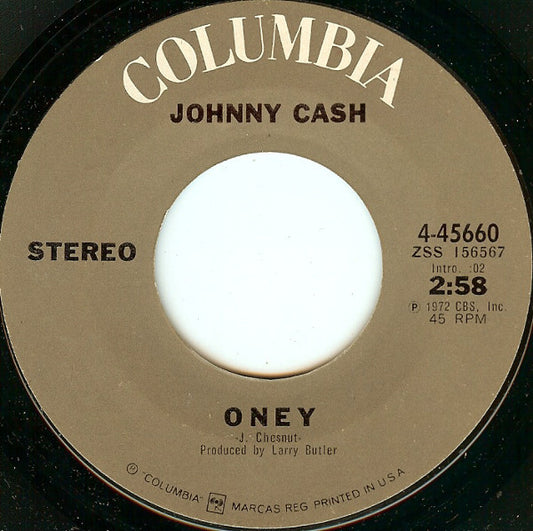 Johnny Cash - Oney Vinyl Singles Vinyl Very Good (VG) <br> Hoes Good Plus (G+)
