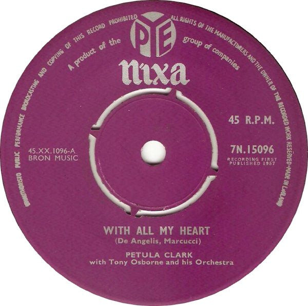 Petula Clark - With All My Heart Vinyl Singles Vinyl Very Good (VG) <br> Hoes Generic