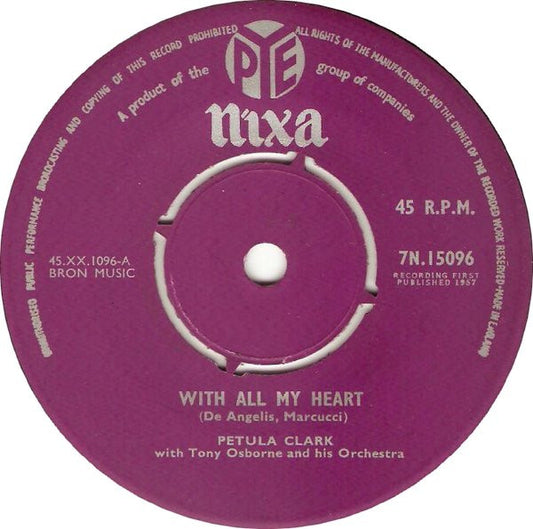 Petula Clark - With All My Heart Vinyl Singles Vinyl Very Good (VG) <br> Hoes Generic