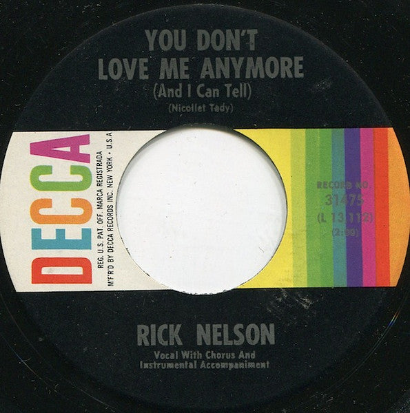 Ricky Nelson - You Don't Love Me Anymore (And I Can Tell) Vinyl Singles Vinyl Very Good (VG) <br> Hoes Generic