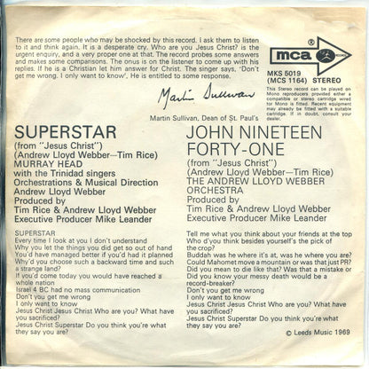 Murray Head With The Trinidad Singers - Superstar Vinyl Singles Vinyl Very Good (VG) <br> Hoes Good Plus (G+)