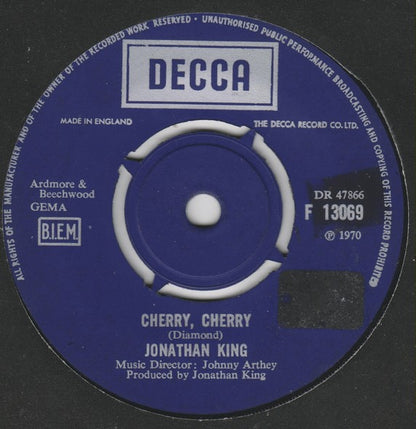 Jonathan King - Cherry, Cherry Vinyl Singles Vinyl Very Good (VG) <br> Hoes Good Plus (G+)