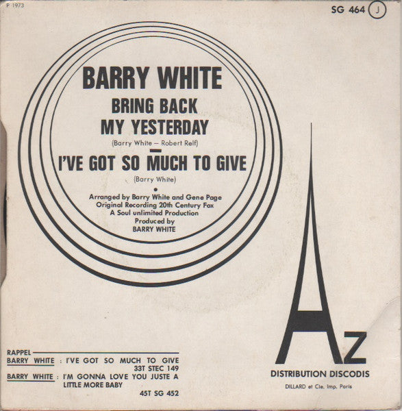 Barry White - Bring Back My Yesterday Vinyl Singles Vinyl Very Good (VG) <br> Hoes Good Plus (G+)