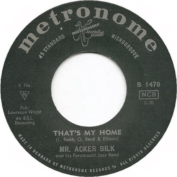 Acker Bilk And His Paramount Jazz Band - That's My Home Vinyl Singles Vinyl Very Good (VG) <br> Hoes Generic
