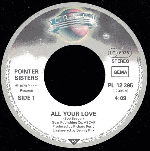 Pointer Sisters - All Your Love Vinyl Singles Vinyl Very Good (VG) <br> Hoes Generic