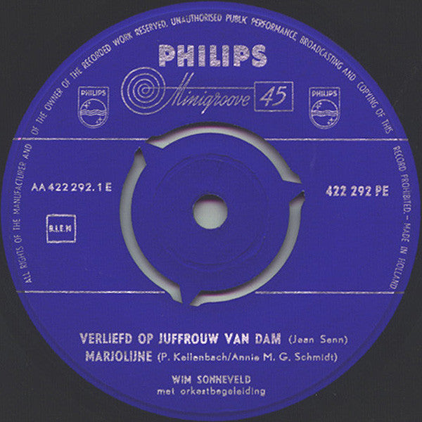 Wim Sonneveld - Verliefd Op Juffrouw Van Dam (B-Keus) Vinyl Singles Vinyl Very Good (VG) <br> Hoes Good Plus (G+)