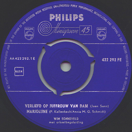 Wim Sonneveld - Verliefd Op Juffrouw Van Dam (B-Keus) Vinyl Singles Vinyl Zeer Goed / Hoesje Goed "VINYLSINGLES.NL"