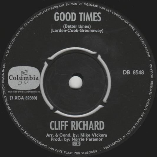 Cliff Richard - Good Times (Better Times) Vinyl Singles Media VG+ / Sleeve Generic