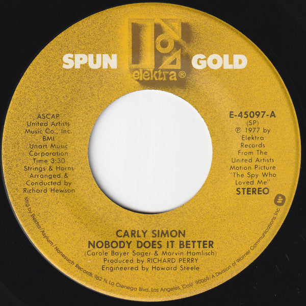 Carly Simon - Nobody Does It Better Vinyl Singles Vinyl Very Good (VG) <br> Hoes Good Plus (G+)