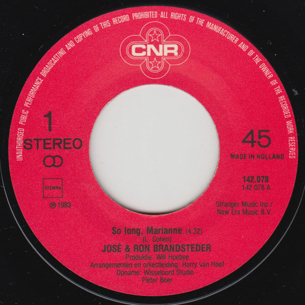 José & Ron Brandsteder - So Long, Marianne Vinyl Singles Vinyl Goed / Hoes Generic